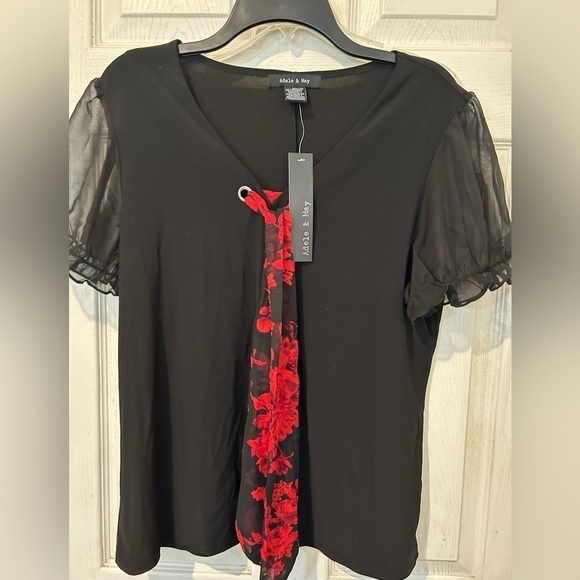 NWOT Adele & May Black Knit Top with Chiffon Short Sleeves Floral Tie - Picture 2 of 11